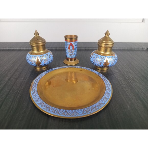 Brass Salt Pepper Shaker Toothpick Holder Tray Etched And Decorated With Enamel - Picture 4 of 10
